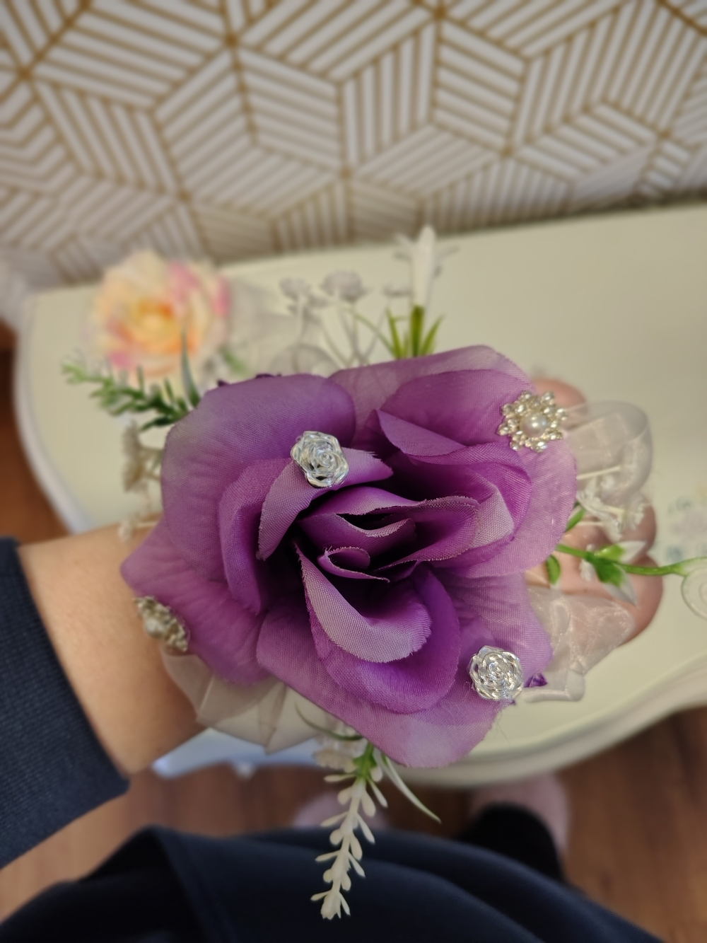 Purple Floral Wrist Corsage with Rhinestone Accents
